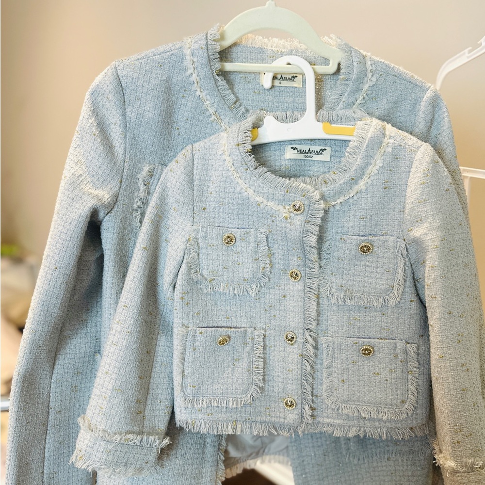 Chanel Style Kid&Mom Tweed Blazer Set - Light Blue